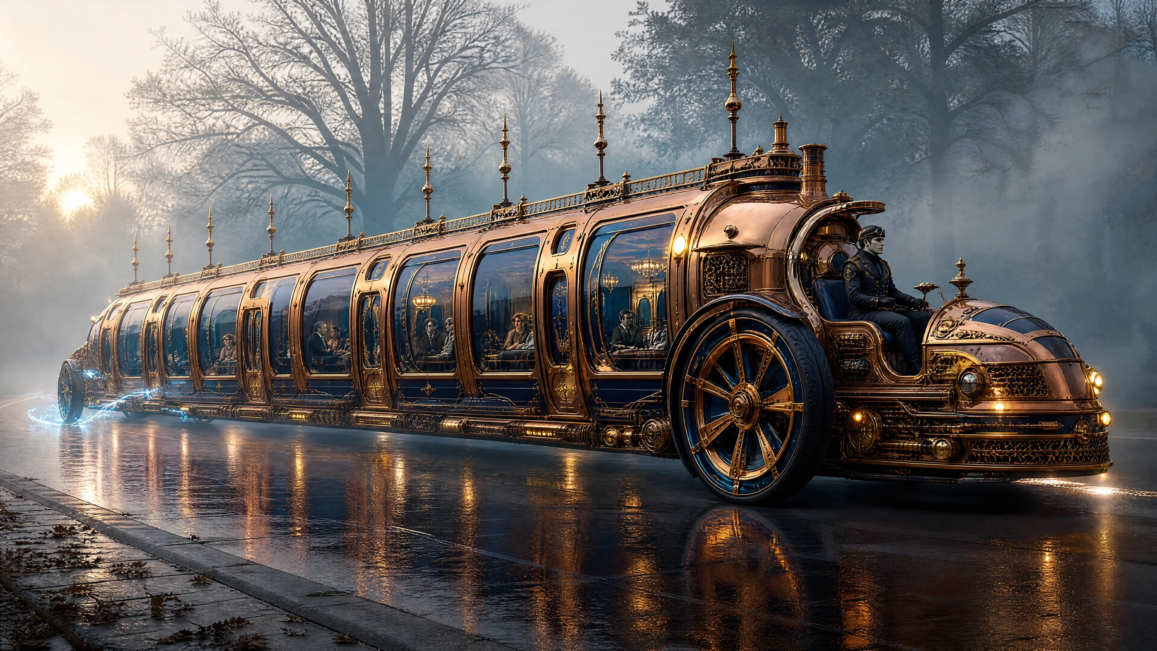 Limousine steampunk futuristica che scivola lungo una strada mattutina avvolta nella nebbia