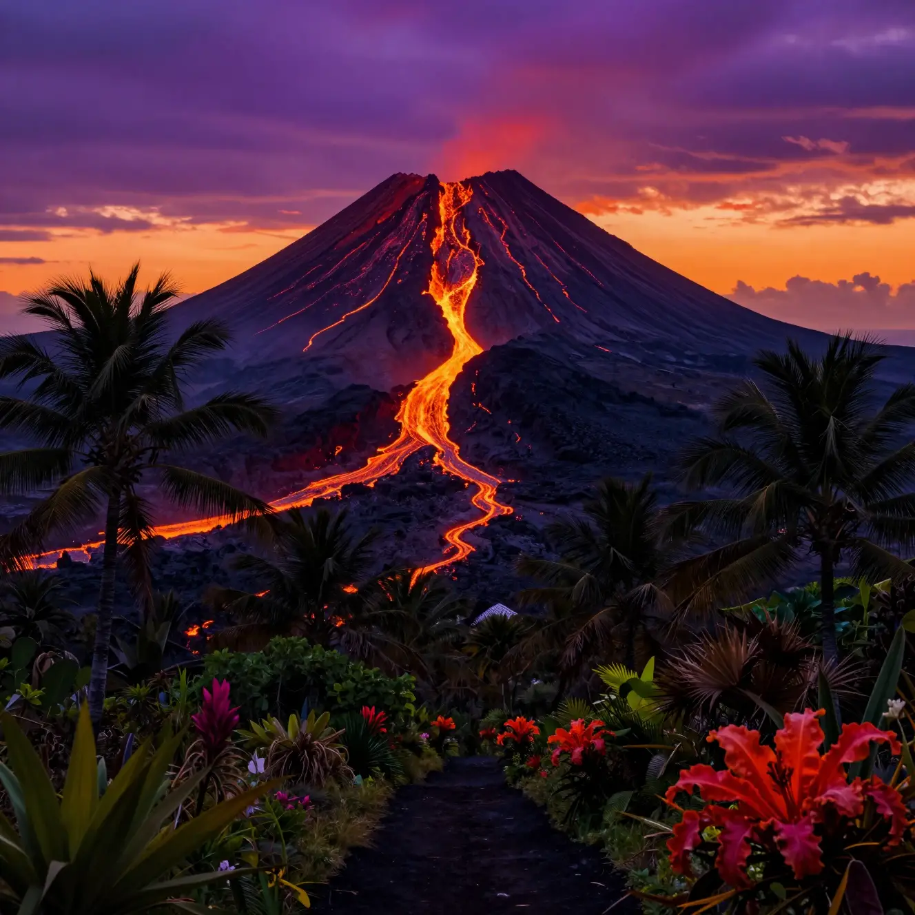 夕陽下發光的火山島與叢林小徑