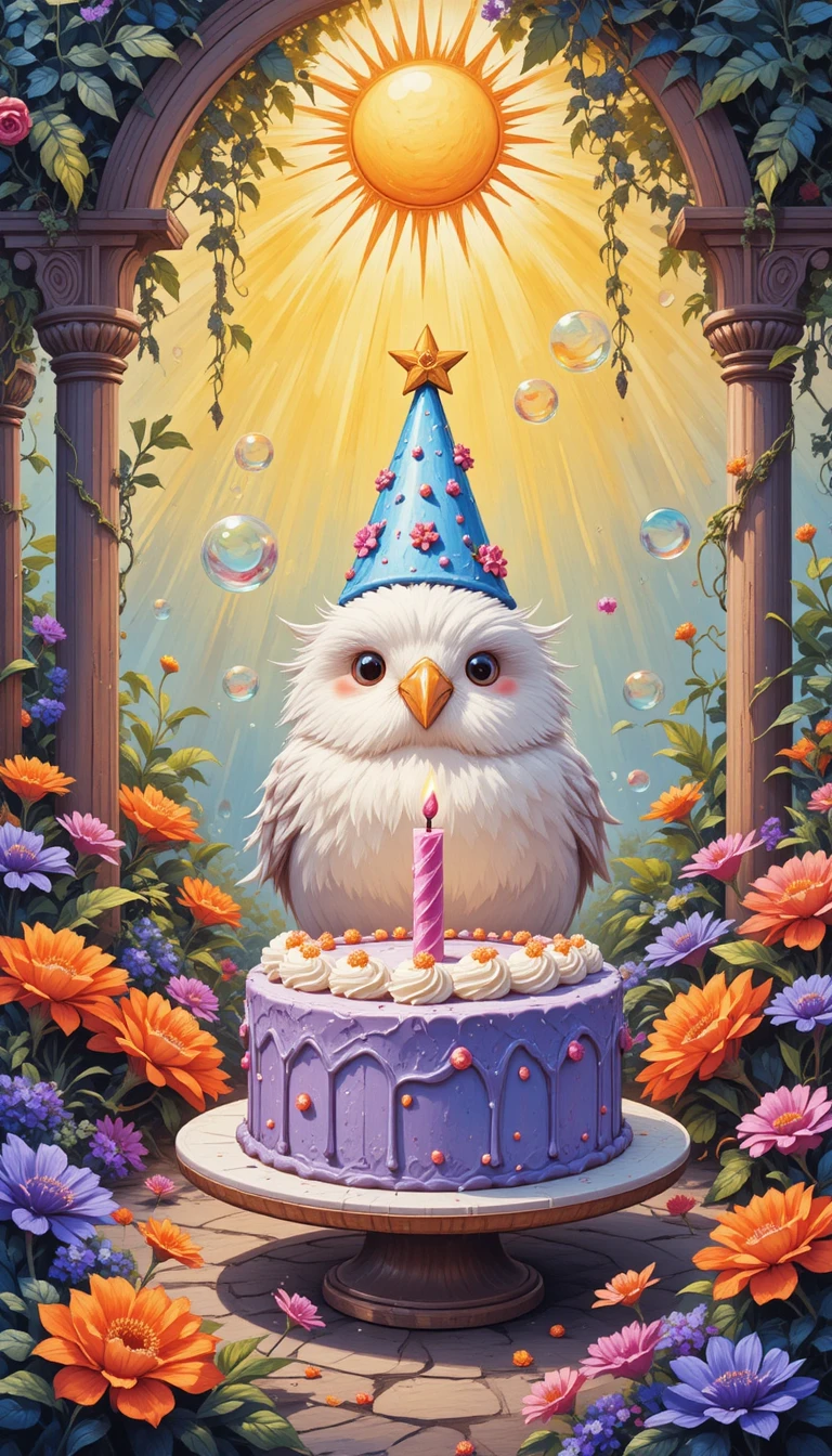 Pássaro branco fofo com chapéu de festa e bolo de aniversário