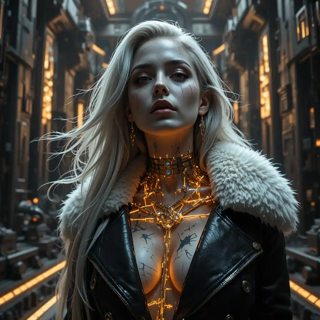 Gros plan cyber noir d’une femme fatale futuriste