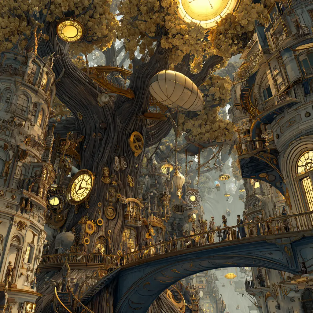Majestätische Steampunk-Stadt im Inneren eines kolossalen uralten Baums