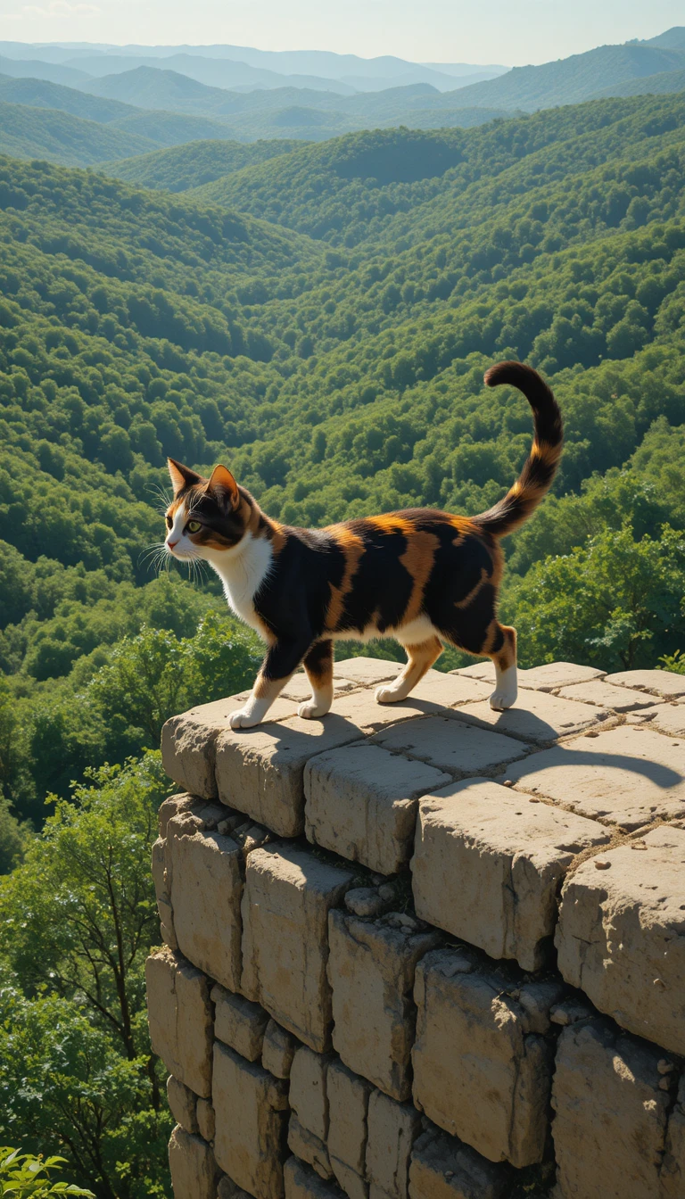 Gata tricolor caminhando sobre um muro de pedra acima das florestas