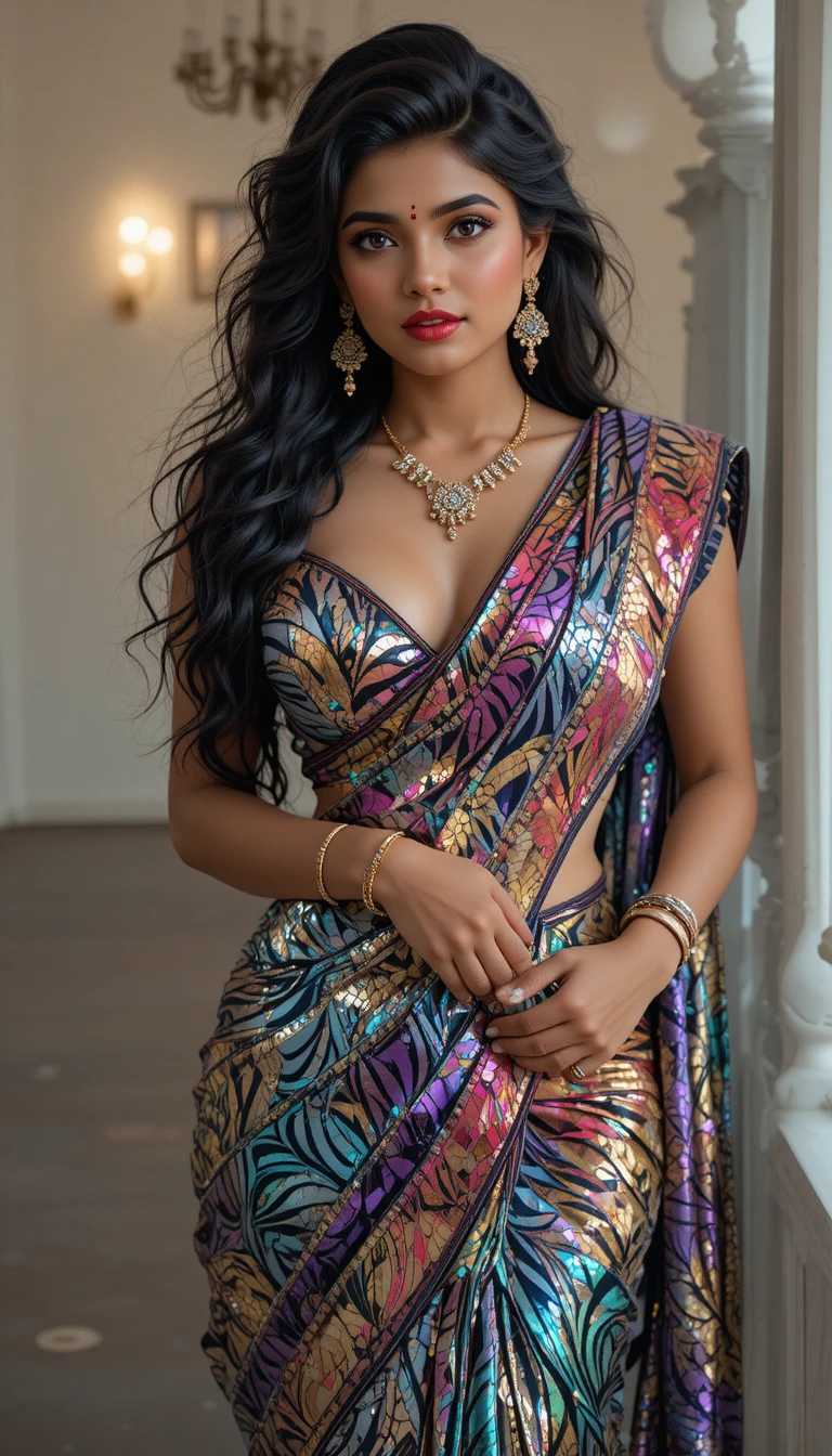 Femme indienne en sari réfléchissant posant dans une pièce intérieure