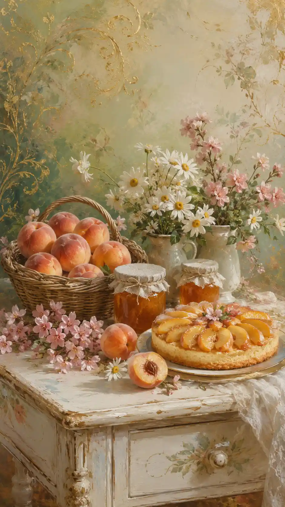 Vintage peach cake still life on white kitchen table