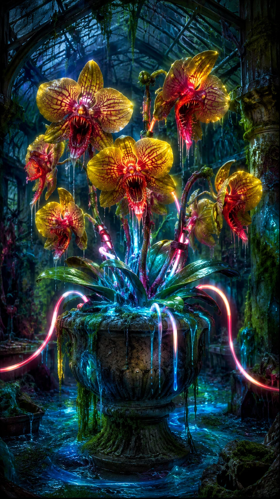 Orquídeas neon sombrias em uma estufa vitoriana abandonada