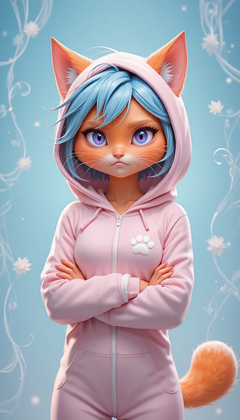 Gato laranja mal-humorado em pijama rosa com capuz