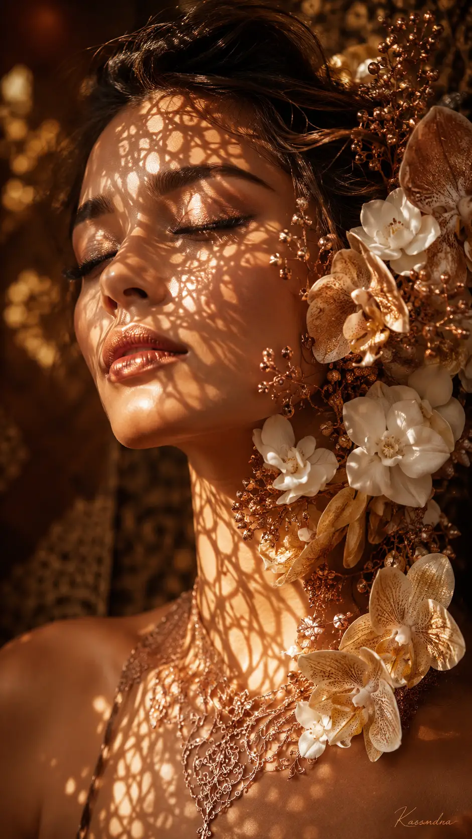 Serene woman in golden sunlight with floral hair adornment