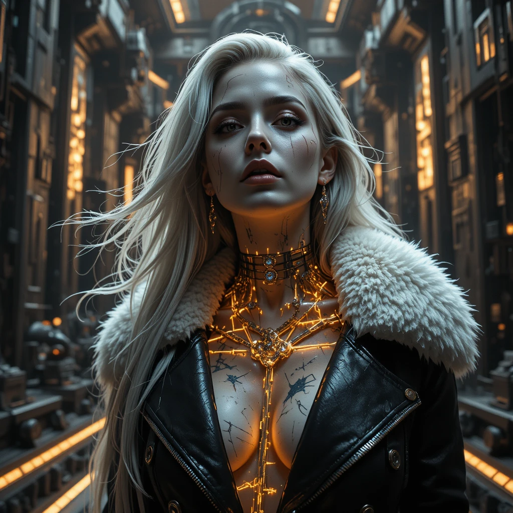 Gros plan cyber noir d’une femme fatale futuriste