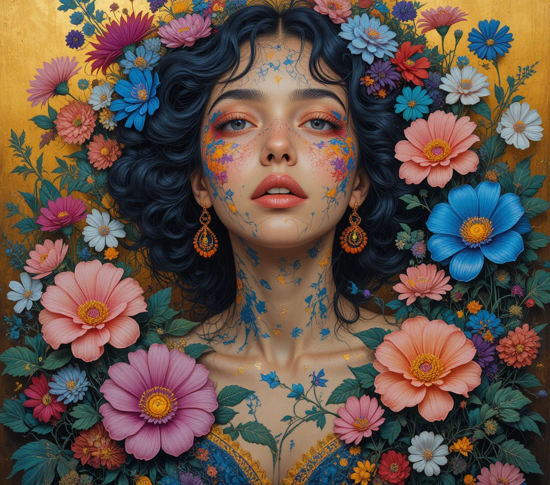 Mulher cercada por flores exuberantes em pintura figurativa onírica