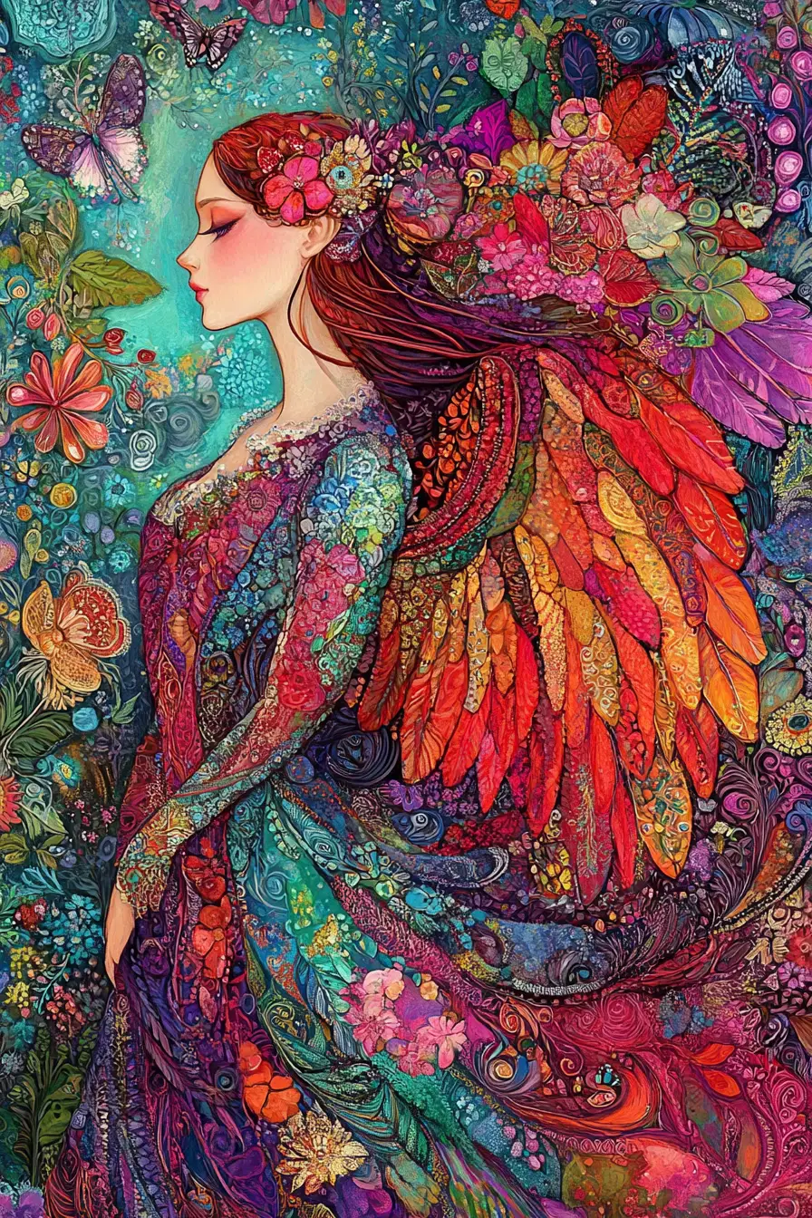 Fairy tale girl with flowing hair transforming into lush wings