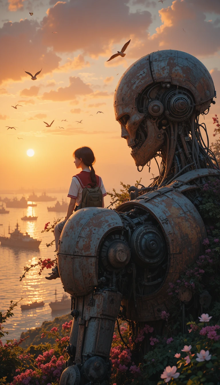 Anime-Schülerin auf zerstörtem Roboter bei Sonnenuntergang am Meer