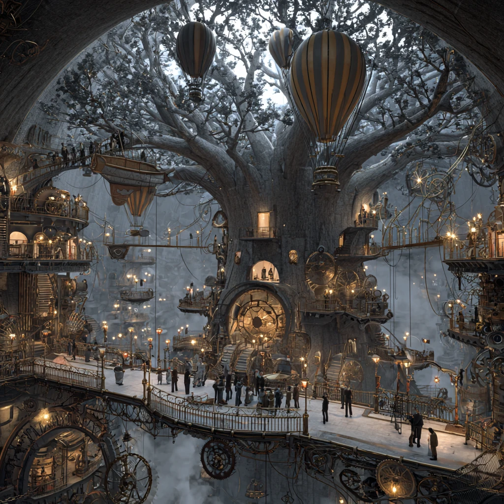 Majestueuse cité steampunk sculptée à l’intérieur d’un colossal arbre ancestral