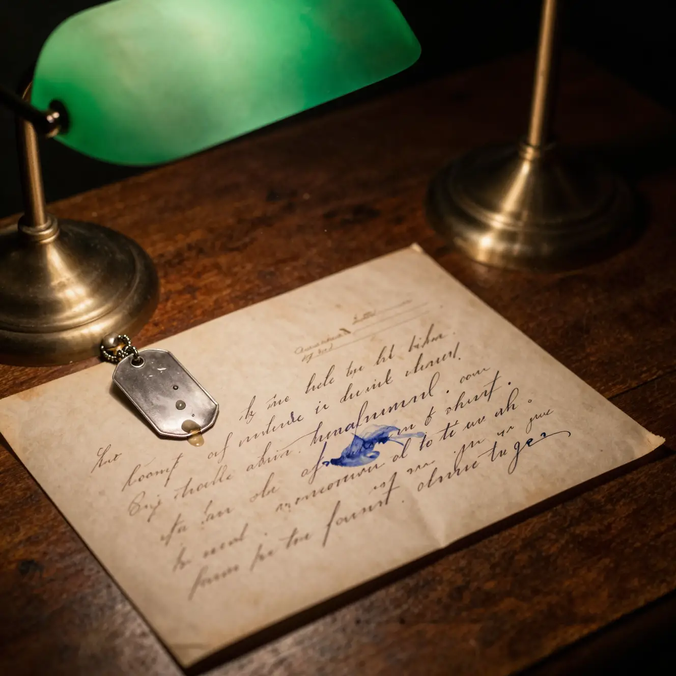 Lettera macchiata di lacrime e piastrina militare sotto una lampada verde da scrivania