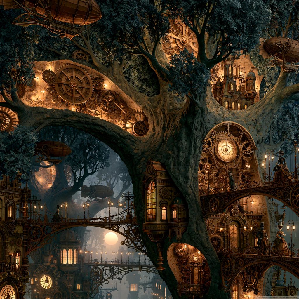 Majestueuse ville steampunk sculptée au cœur d’un arbre colossal