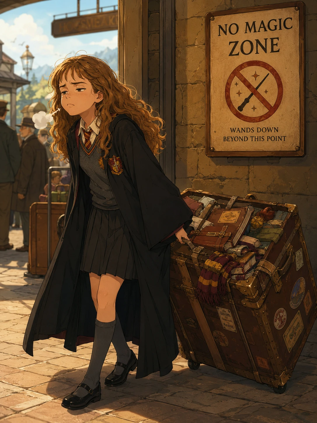 Hermione dans une zone sans magie avec une lourde valise