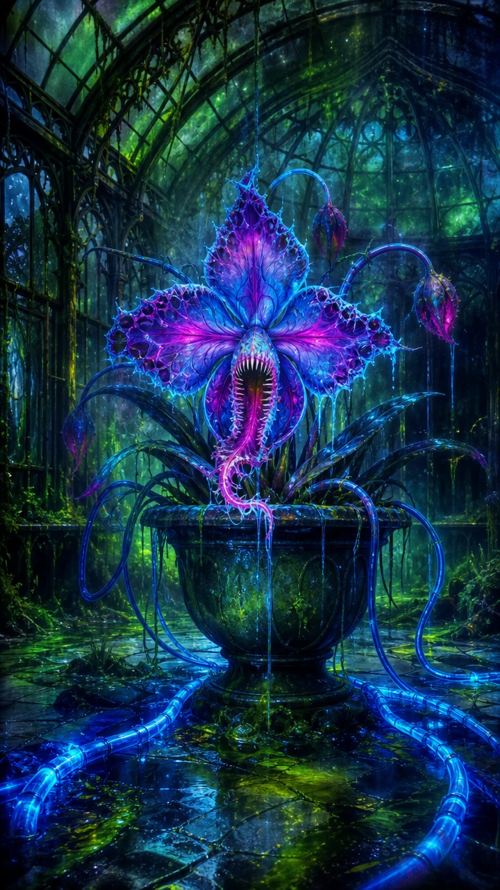 Orquídea carnívora luminosa en un invernadero abandonado