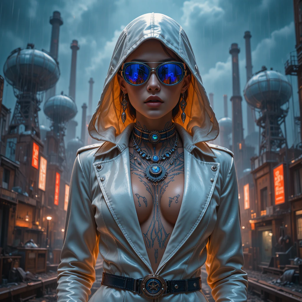 Fora da lei cyberpunk em retrato industrial luminoso
