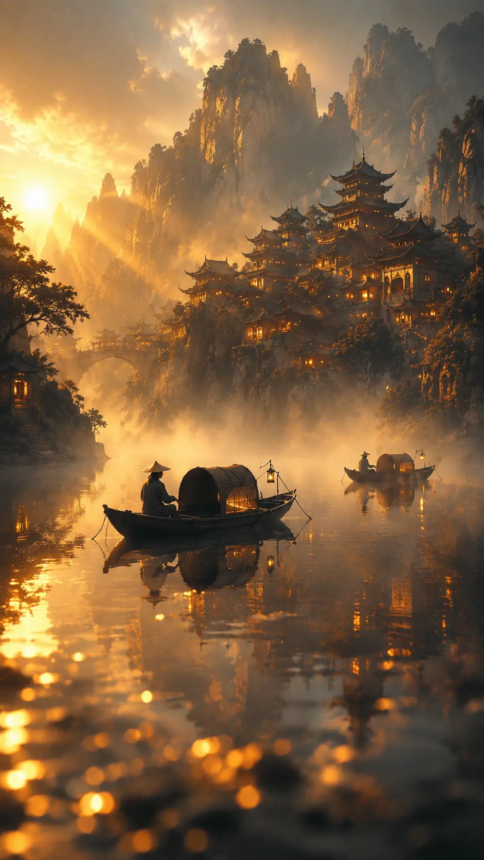 飄浮在朦朧金色湖面上的夢幻漁船