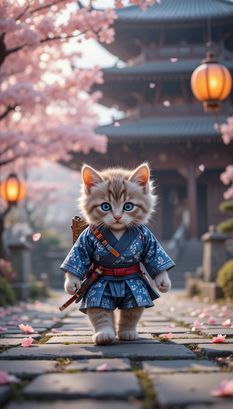 돌길을 따라 걷는 귀여운 사무라이 고양이