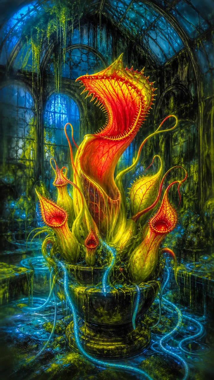 Planta carnívora neon assustadora em antiga estufa vitoriana
