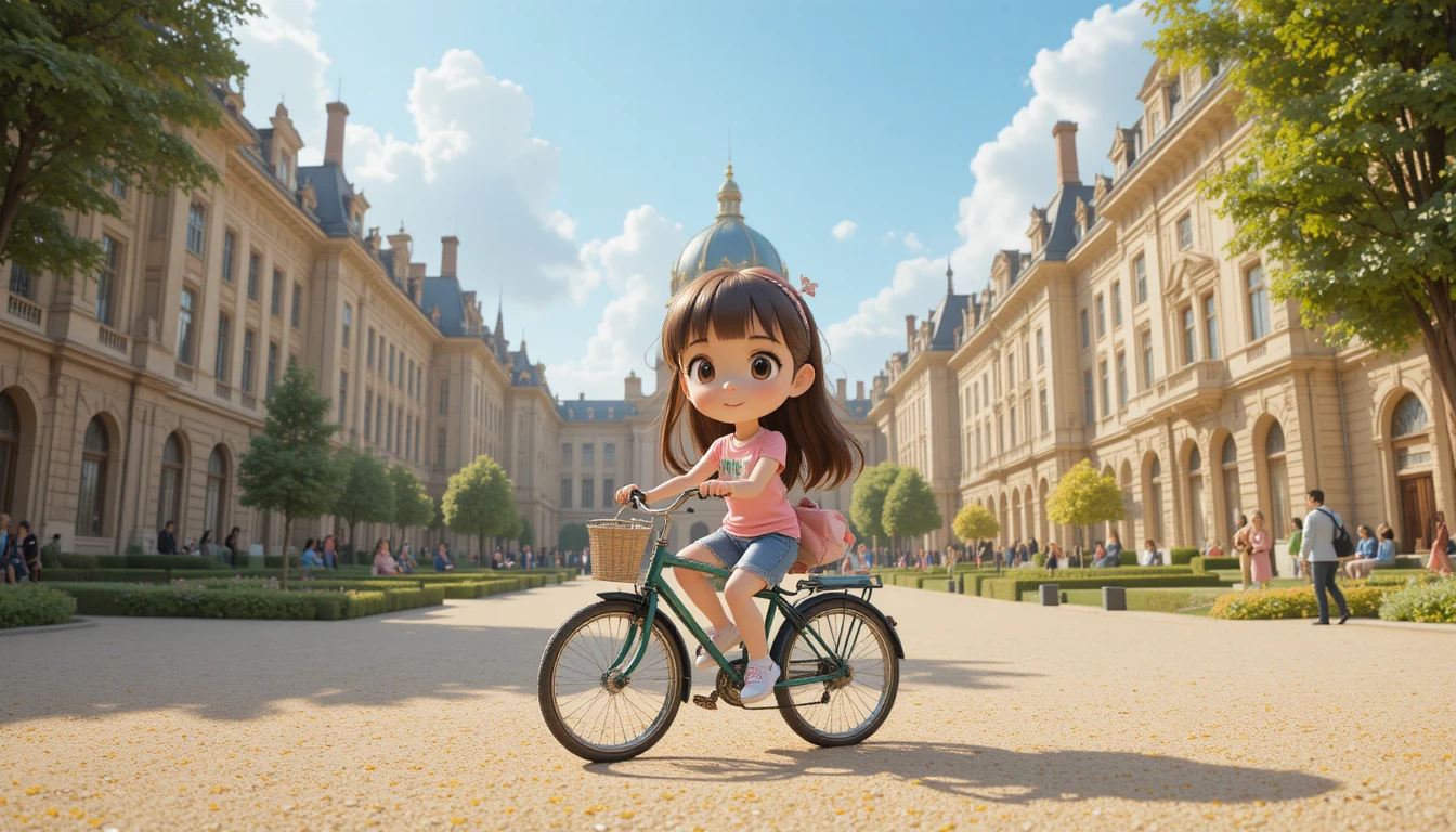 Adorable fille cartoon 3D faisant du vélo en ville
