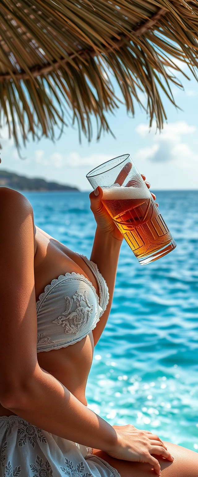 豐滿女子在熱帶海景前喝啤酒