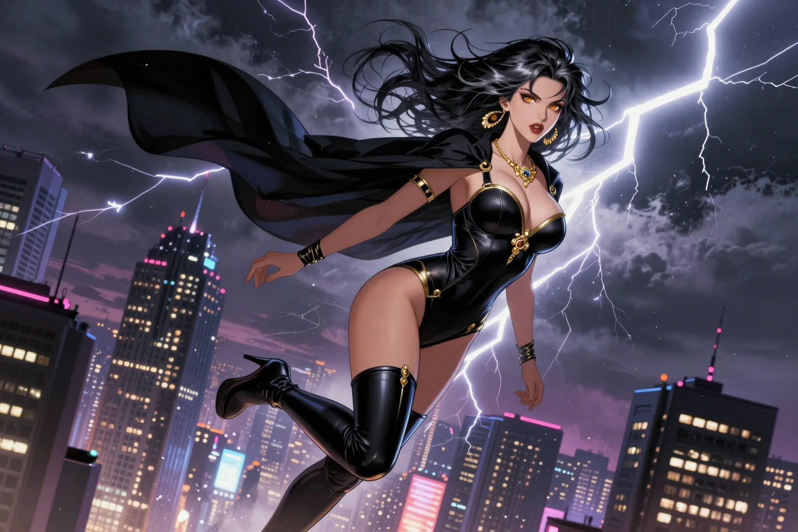 Silberhaarige Femme fatale über der neonleuchtenden Skyline