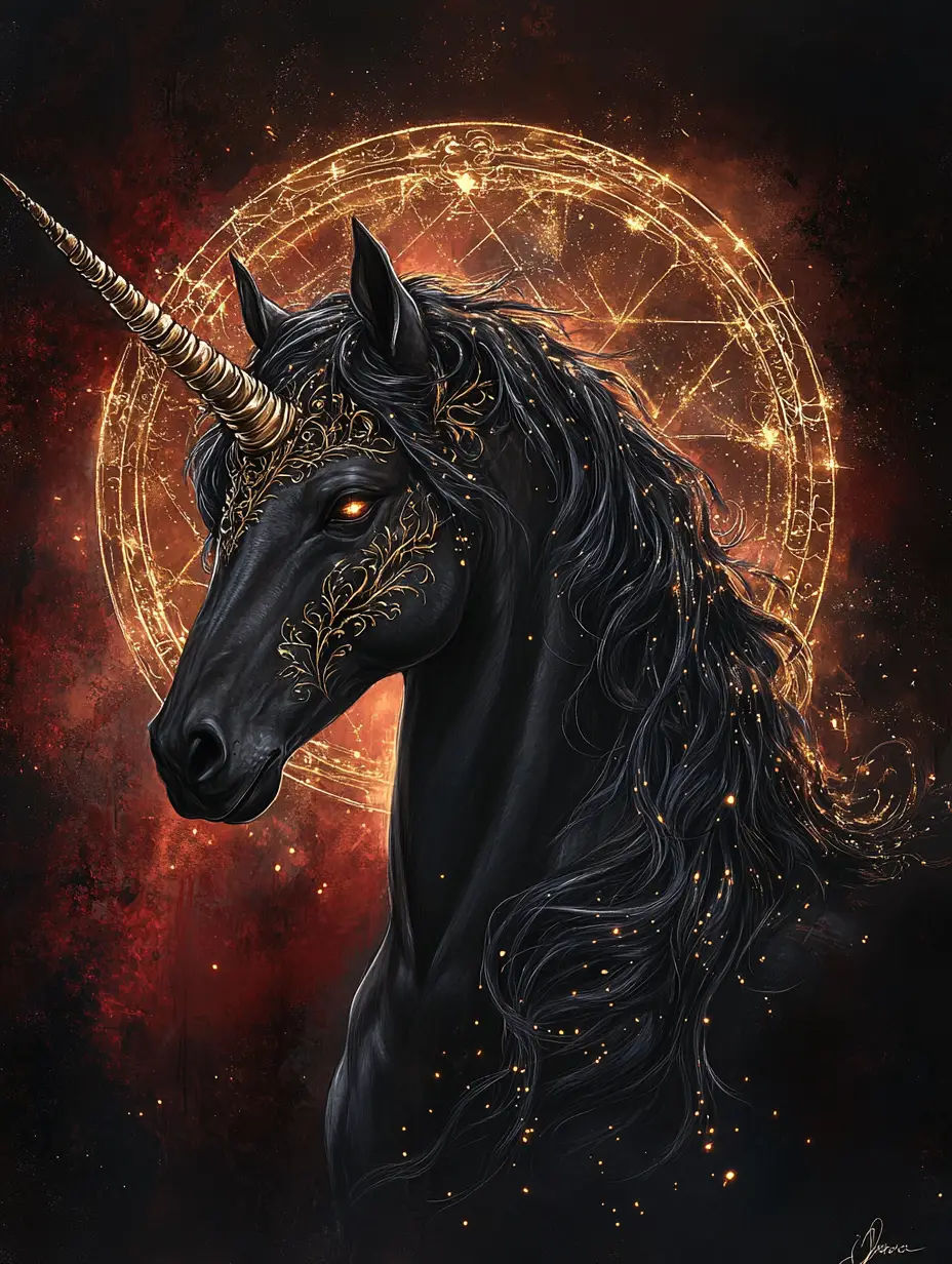 Portrait majestueux de licorne noire au cor doré lumineux