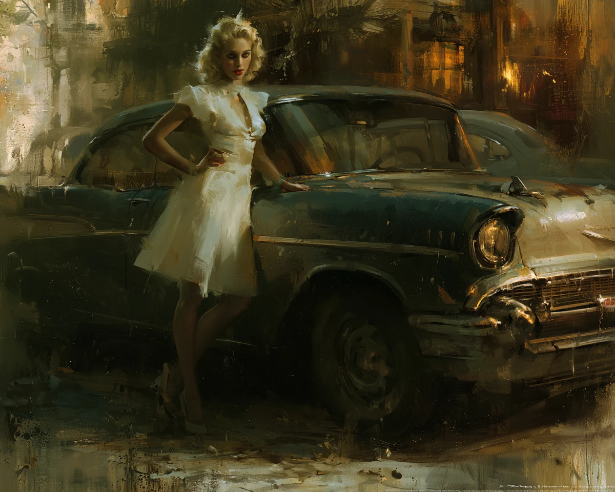 Mulher loira de vestido branco ao lado de um Chevy 1957
