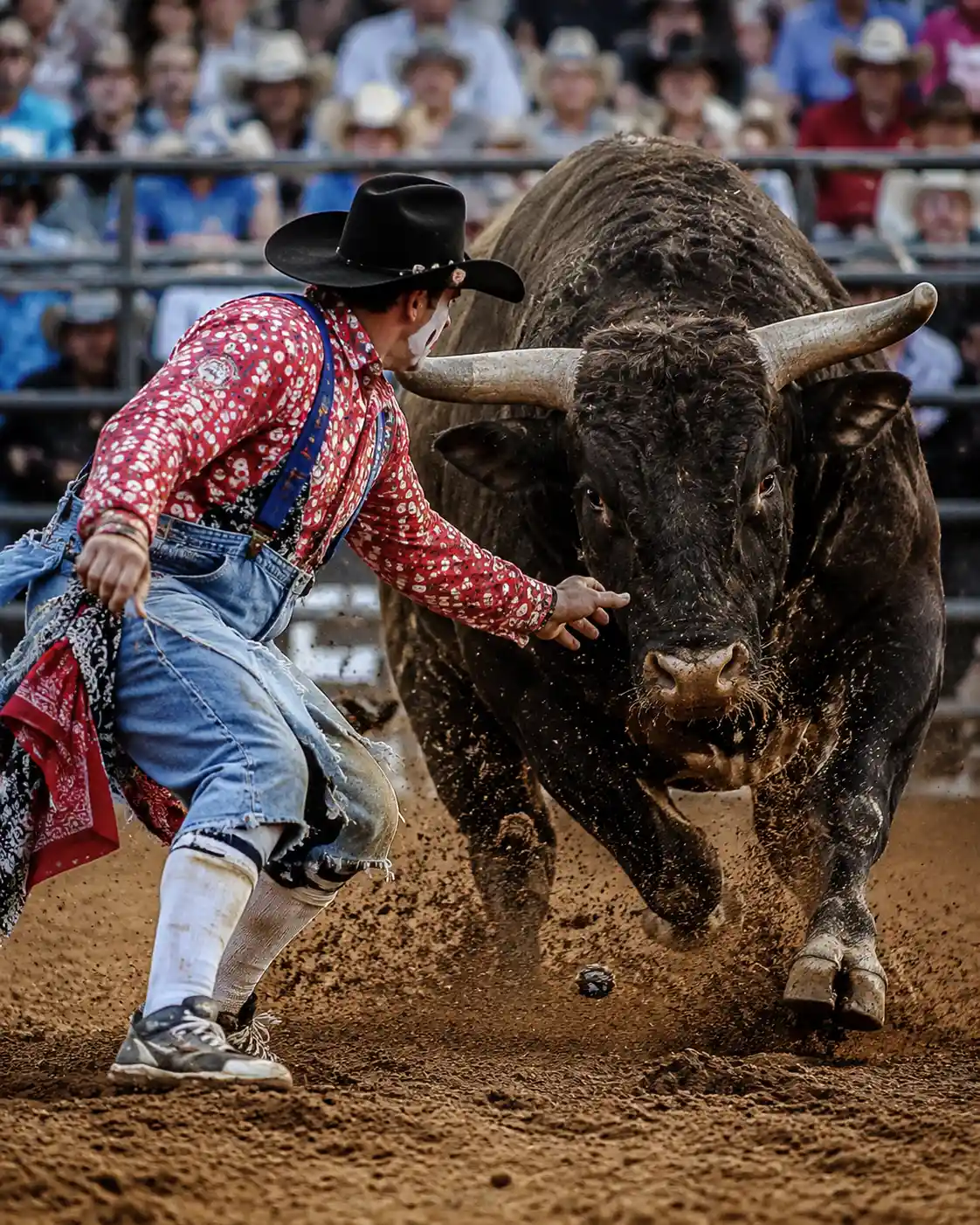 Rodeo clown facing a charging bull in the arena