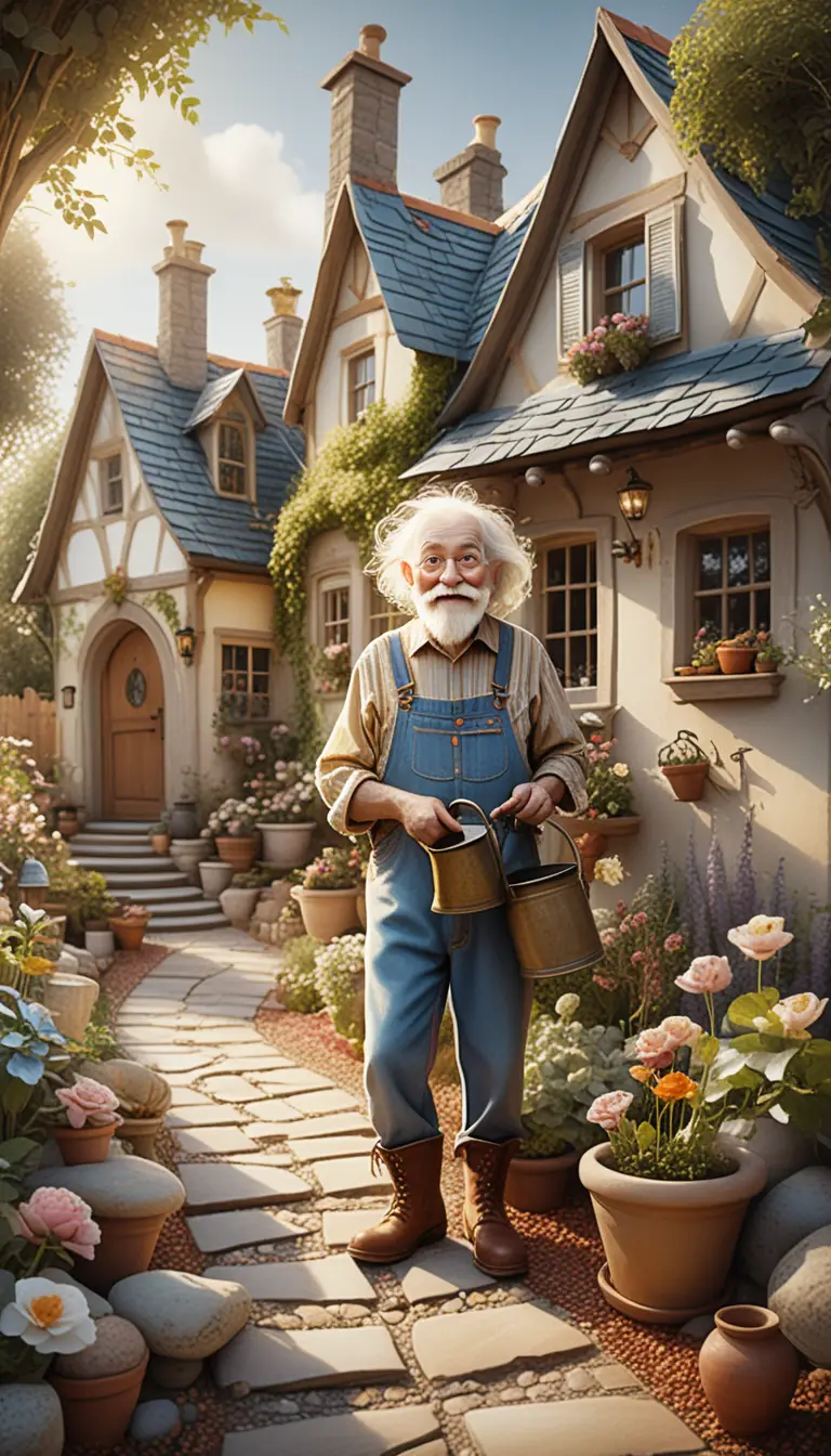 화려한 시골 정원 속 기 whimsical 한 노년 정원사