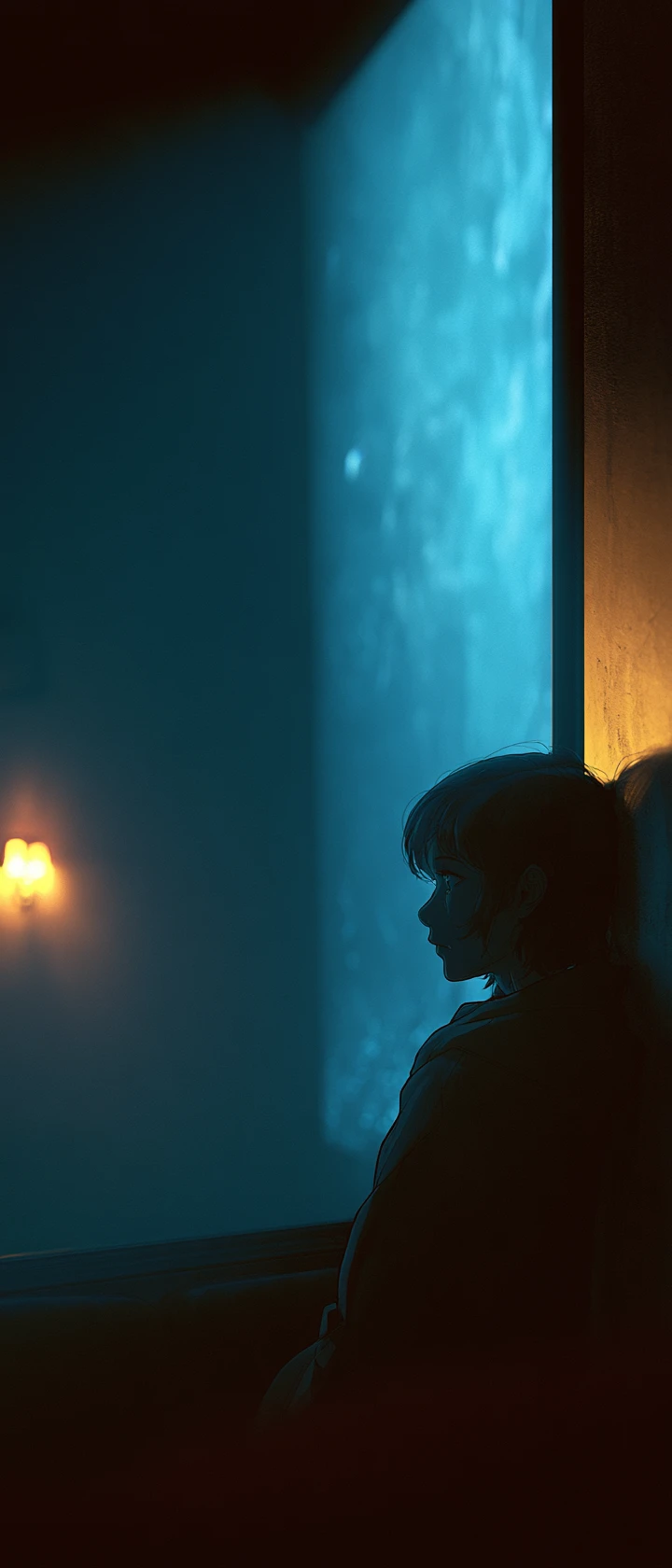 Chica de anime sola en el balcón oscuro de un cine antiguo