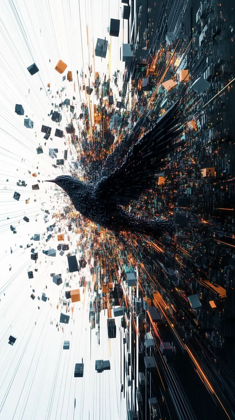 Oiseau se Désintégrant en Cubes Voxel et Traînées de Données