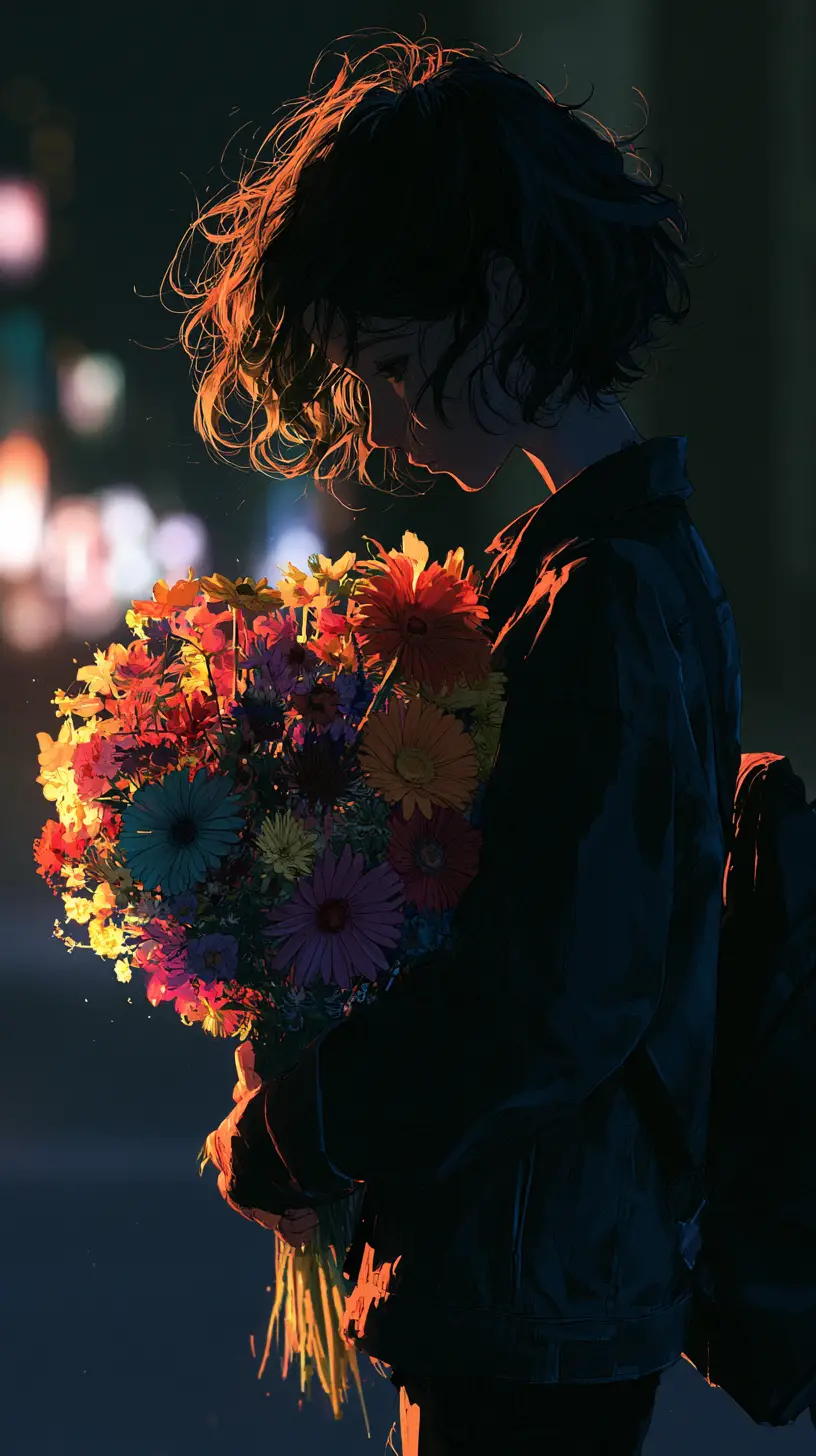 憂鬱夜色城市街道上的花束動漫少女