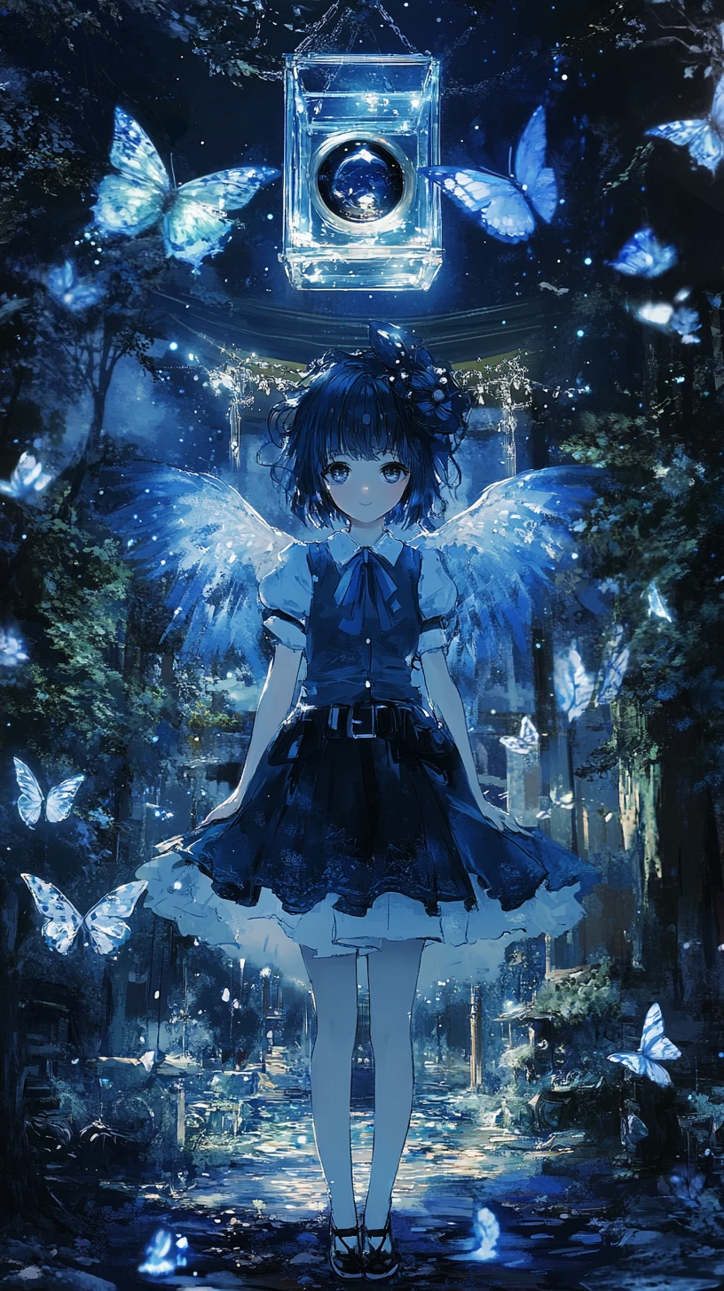 Chica de anime en un templo japonés con fuegos artificiales nocturnos