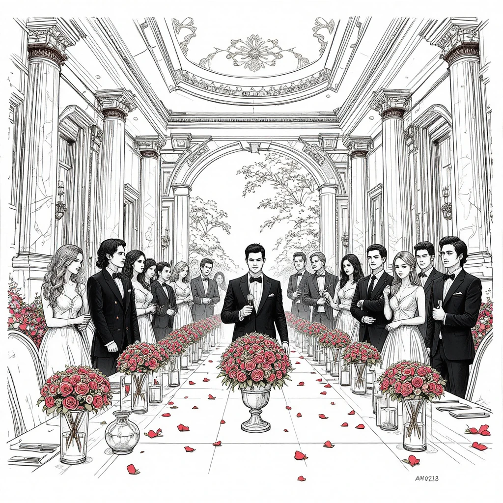 Vista cinematográfica em contra‑plongée de um banquete de casamento moderno