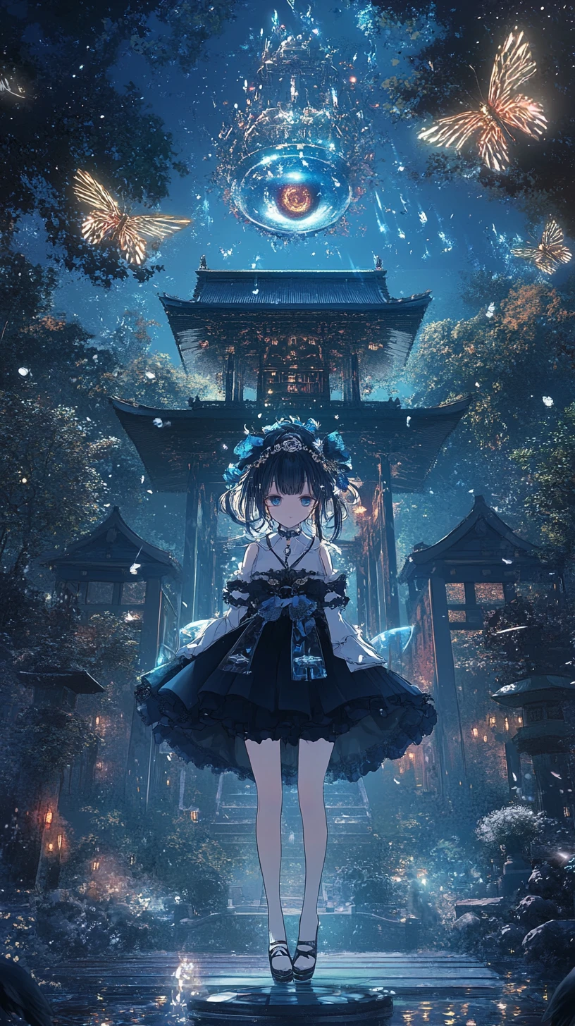 Garota de anime à noite em templo japonês com fogos de artifício