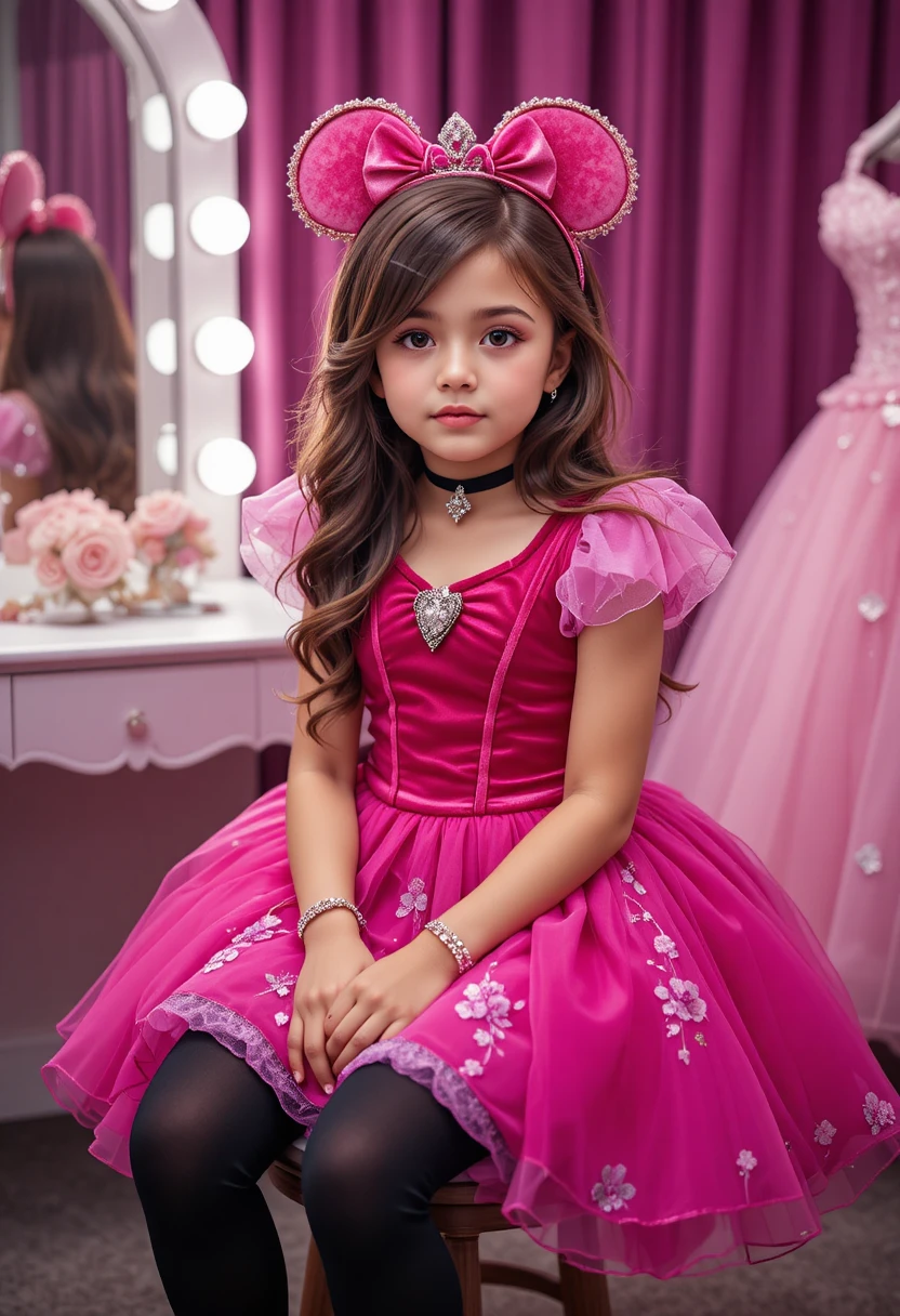 Menino hispânico com vestido de princesa rosa em banqueta de penteadeira