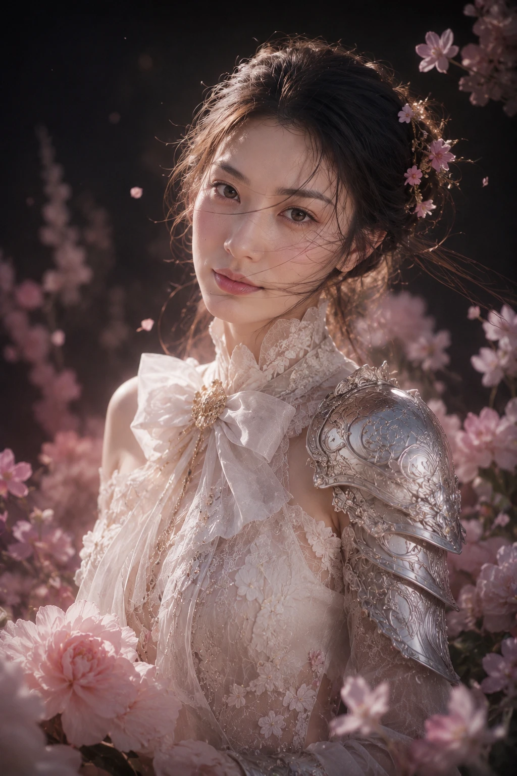 身穿蕾絲旗袍與銀色肩甲的年輕女子