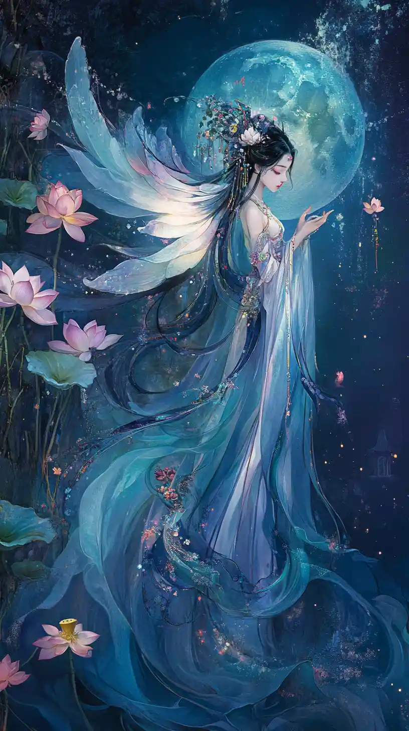 Fantasy woman with lotus flowers and ethereal wings