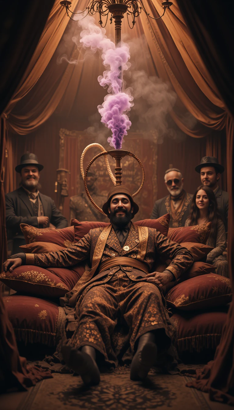 Vintage circus performers lounging around ornate hookah