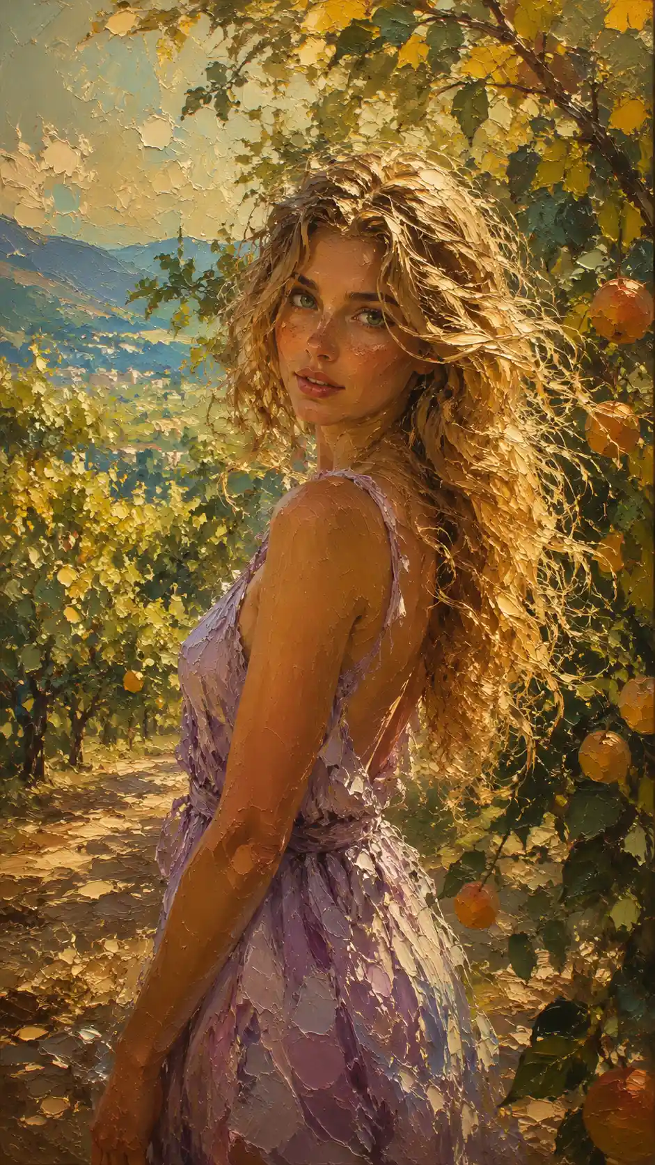 Serene woman in lilac dress in a sunlit orchard