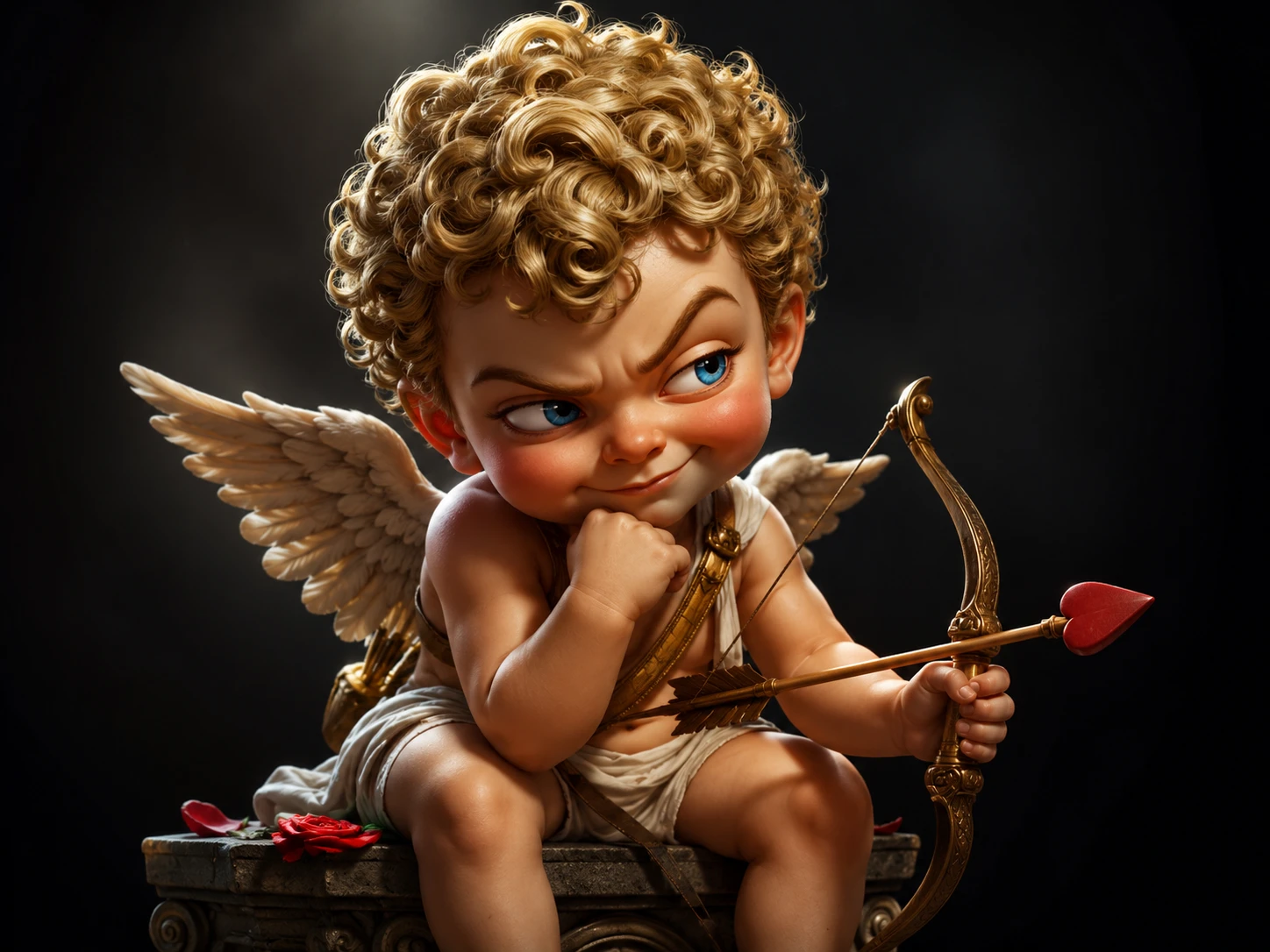 Mischievous cupid giving a sly plotting stare in spotlight