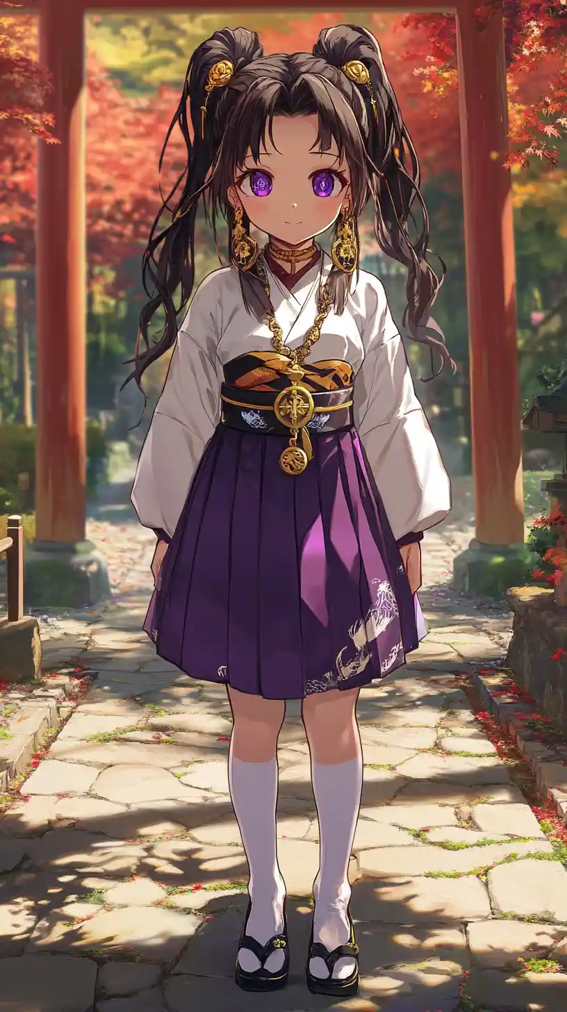 Anime girl in purple dress walking through bamboo forest