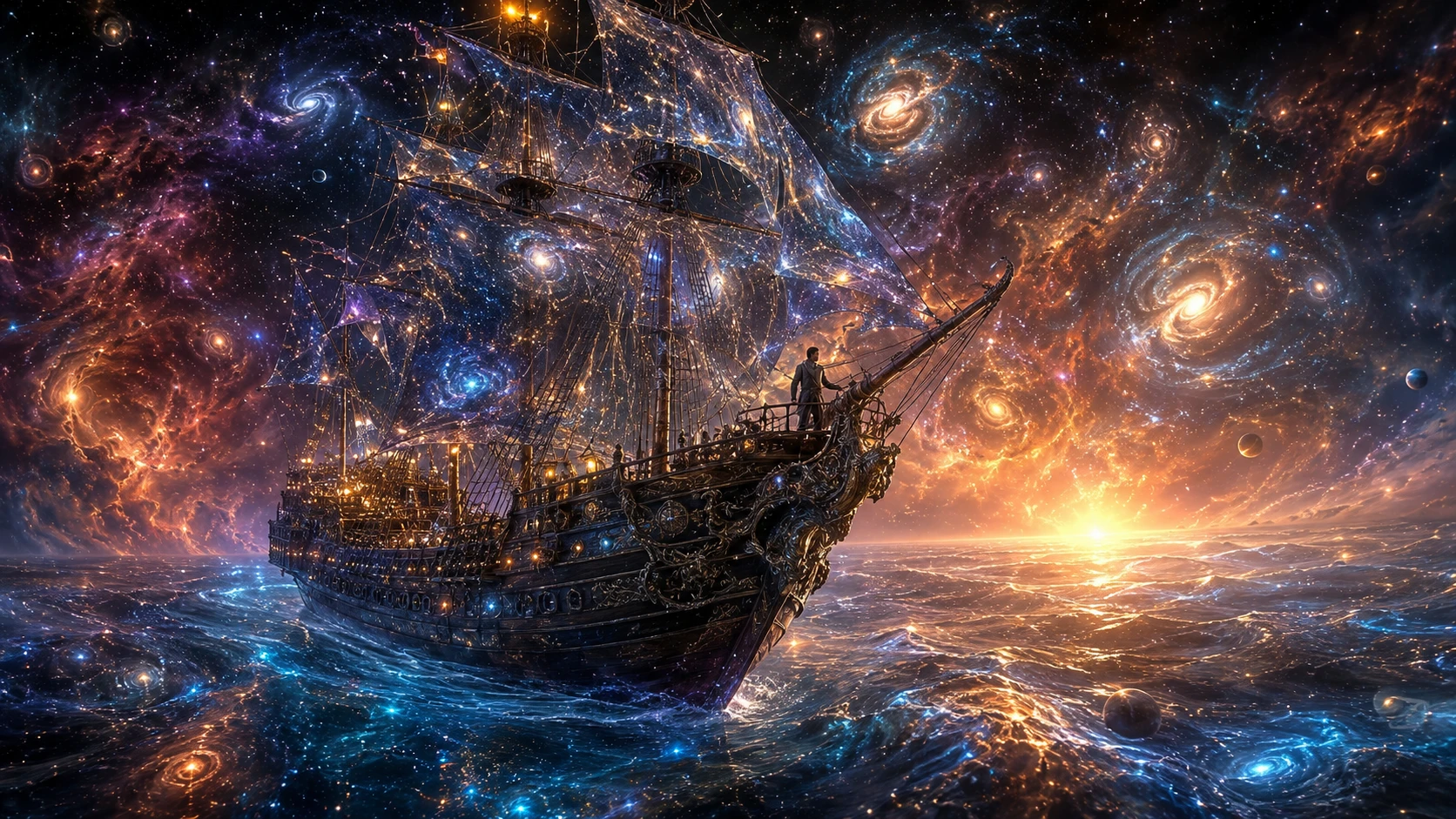 Antike Galeone segelt durch eine leuchtende, sternenreiche Galaxie