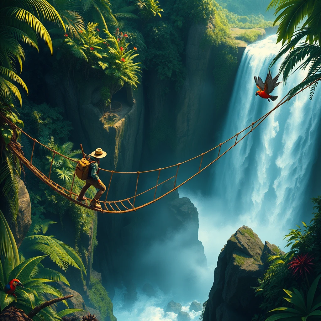 Explorateurs traversant un pont de corde au-dessus d’une cascade tonitruante