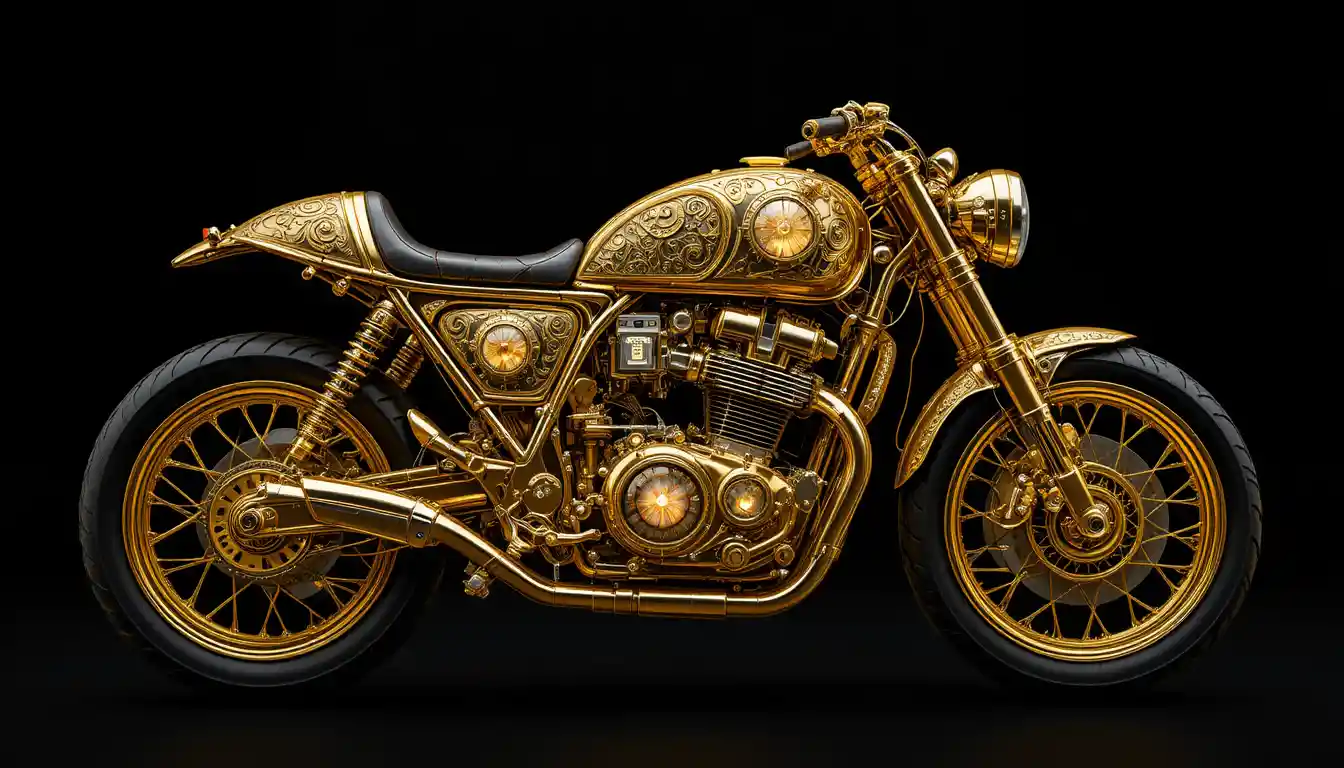 Golden cafe racer motorcycle with glowing jewel details
