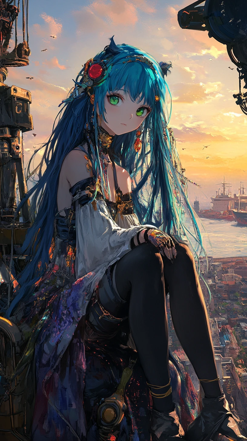 Anime girl sitting on a ruined robot at sunrise