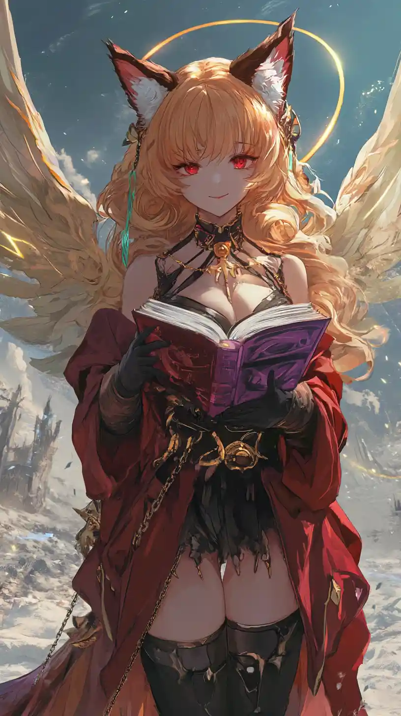 沙漠奇幻城堡前持槍的天使翅膀少女
