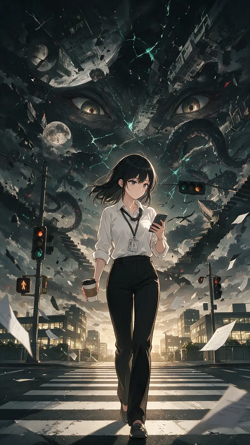 Anime office woman crossing a city crosswalk at night